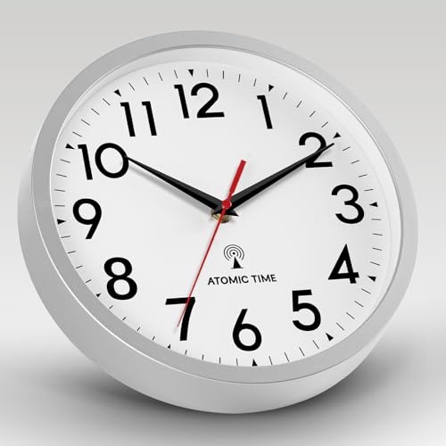 Image of DAXSMY Atomic Wall Clock Analog 10 Inch Battery Operated Modern Decorative for Living Room Kitchen Office Bedroom Bathroom(Silver)