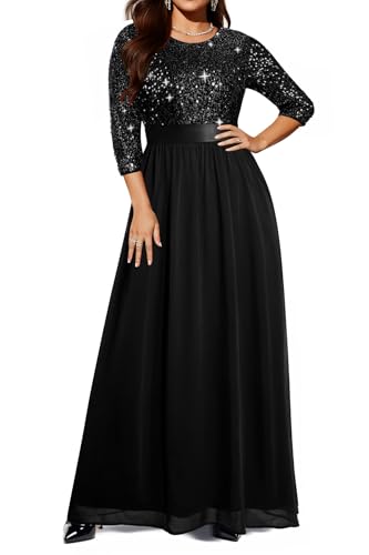 Plus Size Formal Dresses Black Evening Gowns Sequin Sparkly Women Prom Gala Mother Elegant Long Dress with Sleeves 2025