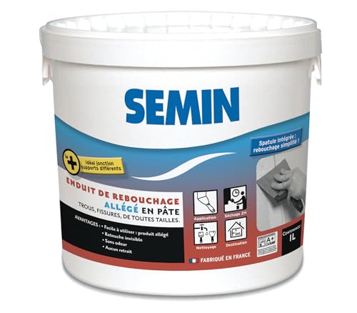 Semin Enduit de Rebouchage Allégé Sem-Light - Trous et Fissures Importants - Intérieur - Pot de 1 L - Blanc - Spatule intégrée