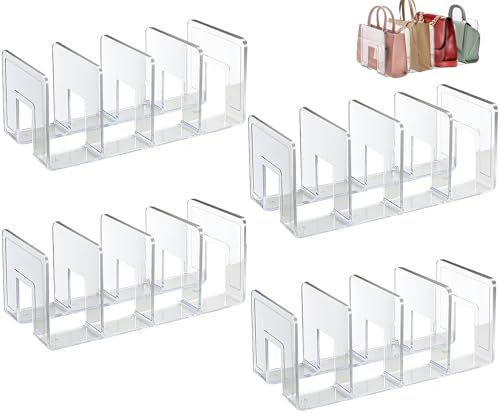 Bag Storage Organizer 4 Pack Clear Plastic Handbag Shelf Stand 4 Sections Bags Closet Shelf Divider for Closet Display Holder Organiser for Purses Clutches Wallets Book
