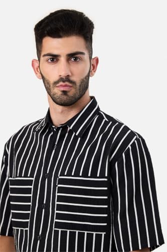 Image of SNITCH Men Casual Plus Size Shirt | Regular Fit Full Sleeve Mandarin Collar Striped Design | Premium Cotton Linen Blend & Breathable Fabric for Office & Everyday Wear