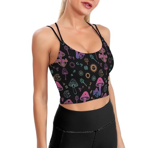 Casual Support Yoga Bra Goth Sun Moon Star Magic Hippie Trippy Mushroom, Padded Gym Running Workout Tank, Wirefree Sports Top for Women & Girls