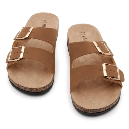 Image of Herstyle Womens Cork Footbed Slides for Women, Double Strap Flat Sandals, Adjustable Buckle Comfort Slip On Shoes, Summer Beach Casual Walking Slippers