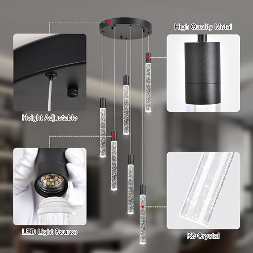 Image of 6 Light Pendant Lights,LED Bubble Crystal Pendant with Dimmable,Black