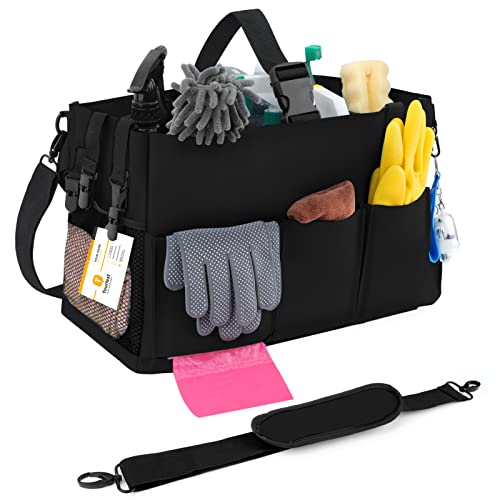 VicTop Wearable Cleaning Caddy Bag with Shoulder & Waist Strap Large Cleaning Caddy Organizer with Handle and Detachable Divider Oxford Garden Tool Tote Bag for Cleaners & Housekeepers (Black)