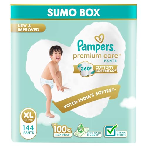 Image of Pampers Premium Care Diaper | Pant Style Baby Diapers Extra Large Size, 144 Count | 360 Cotton Softness Diaper |Anti Rash Diaper with Aloe Vera and 100% Leak Proof Protection | (72 Count, Pack of 2)