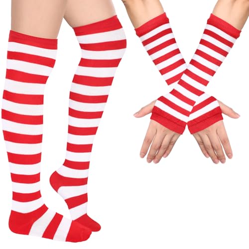Blulu Chaussettes Hautes Rayées Gants Longs Rayés Bas à Rayures Mitaines Rayées sans Doigts pour Femme Fille