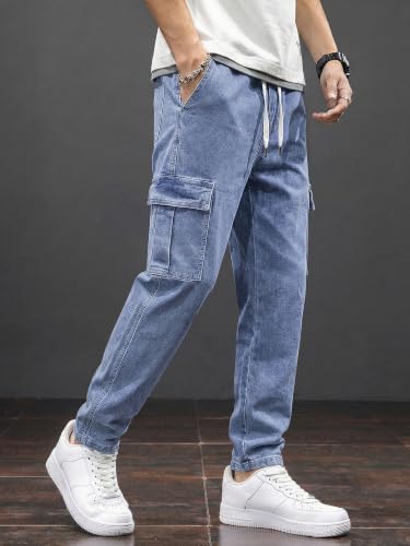 Image of JMIERR Men's Elastic Waist Cargo Jeans Stretch Denim Pants with Drawstring Straight Leg for Casual Daily Wear