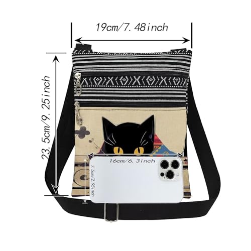Cat Print Crossbody Bag Black Feline with Multi-Color Messenger Bag Adjustable Shoulder Strap Unique Gift for Art-Loving Sister​​ Travel Stylish Adult Purse Cat Lovers Gift2