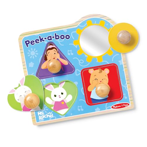 Image of Melissa & Doug® Ms. Rachel™ Wooden Peek-a-Boo Jumbo Peg Puzzle, 4-Piece with Mirror, Toddler Toys for Boys and Girls Ages 1+ Years