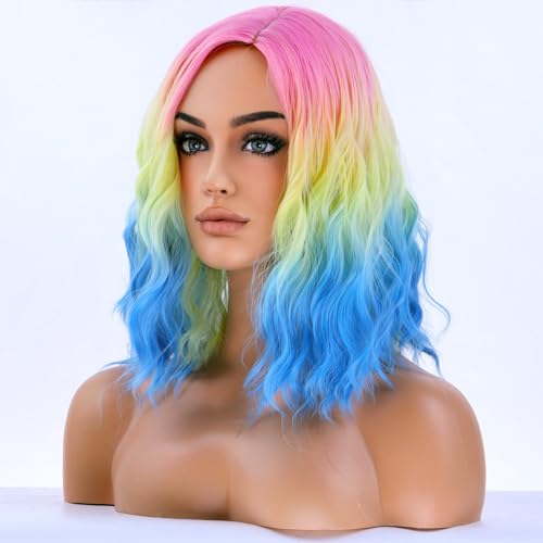 Image of BERON Rainbow Colored Wigs for Women Short Curly Wavy Girls Hair Wigs 14 Inch Ombre Multi Color Synthetic Hair Wig for Daily or Cosplay Use