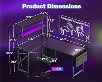 AODK L Shaped Desk Gaming Desk with LED Light & Power Outlet, 43 Inch Reversible L Shaped Computer Table with Shelf, Corner Desk with Storage Bag&Hook for Home Office Desk, Black