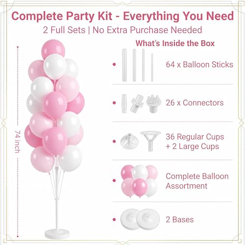 Image of Balloon Column Kit Set of 2 With Baby Pink Chrome Balloons Included - with Base,Pole,Balloon Tower Backdrop Decoration for Wedding,Baby Shower, Birthday,Princess Party, or Bachelorette