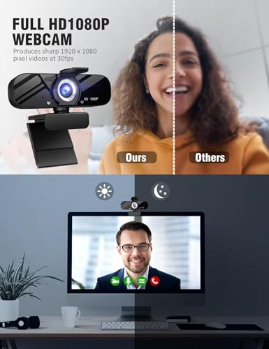 Image of Tewiky Full HD Webcam with Built-in Microphone and Rotatable Tripod, 1080P Video and Wide Angle Camera, Privacy Cover, for Desktop PC or Laptop Computer (1080P Webcam with USB Cable)