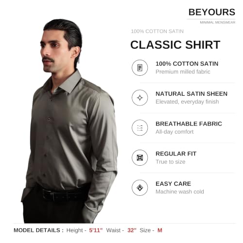 Image of BEYOURS Men's Full Sleeve Shirt Regular Fit Spread Collar 100% Cotton Satin Office & Formal.