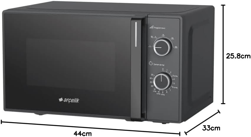 Diagram showing the dimensions of the Arçelik MD 201 S Microwave: 44cm width, 33cm depth, and 25.8cm height.