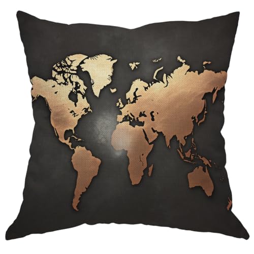 Moslion World Map Pillow Case Decor Vintage Map on Black Background Throw Pillow Case 18" x 18" Inch Cotton Linen Cushion Cover for Men Women Brown Black