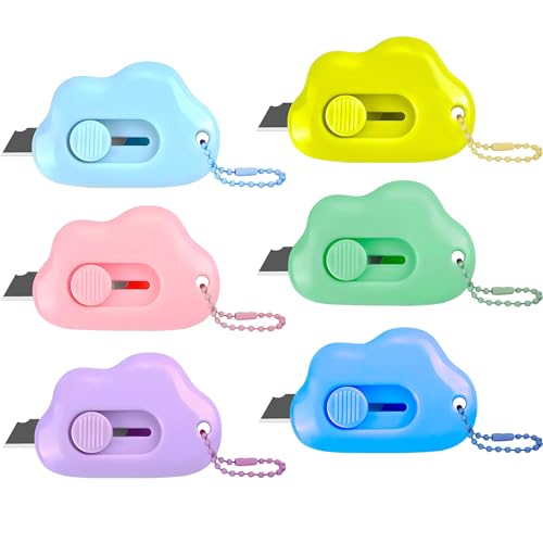 Muclip Cloud Shaped Retractable Box Cutter Set - 6 Pack with Key Rings,Stainless Steel Blade,Safe & Portable Letter Opener for Envelopes,Package,Mail,DIY,Paper Cutter for Home,Office,Outdoor (6 Color)