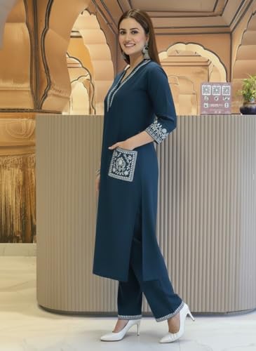 Image of SHEINZY Women's Embroidered Kurta Set with Pants | 3 /4 Sleeve V-Neck Kurti with Floral Thread Work | Ethnic Indian Wear for Casual & Festive Occasions | Comfortable Co-ord