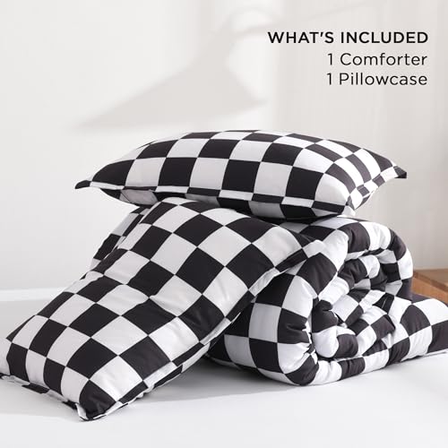 Image of Andency Checkered Comforter Twin(66x90Inch), Black White Plaid Gingham Buffalo Grid Bedding Comforter Sets for Boys Kids Teens, 2 Pieces Lightweight Polyester Geometric Preppy Bed Set
