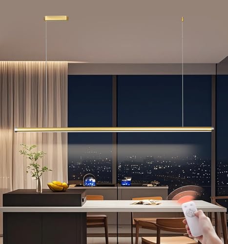 Lampadario a sospensione dimmerabile con telecomando Nero/Bianco/Oro Design lineare moderno luce sospesa regolabile in altezza per tavolo da pranzo, cucina, sala da pranzo, soggiorno (Oro, L150cm)