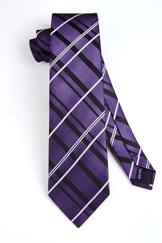 Image of HISDERN Mens Ties Set Stripe Plaid Ties for Men and Pocket Square Cufflinks Formal Silk Necktie Wedding Business