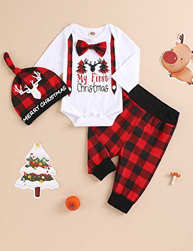 My First Christmas Outfit Infant Baby Boy Christmas Romper Red Plaid Pants with Hat Newborn boys Clothing Sets2