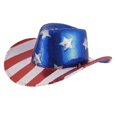 VILAGRAH Womens Mens 4th of July Hat American Flag Cowboy Hat Star Striped Red White and Blue Sequin Cowgirl Western Hat (Blue ONE Size)
