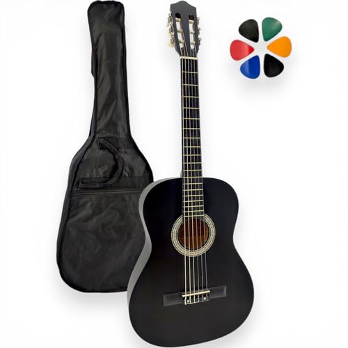 AMROVA - Guitare Classique Adulte 4/4 Droitier + Housse Sac à Dos + 6 Médiators + Cours Vidéo Offerts – Cordes Nylon, Livrée Accordée (Noir, 4/4,...