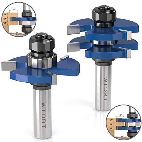 Premium Tongue and Groove Router Bits (Spacers Included) - 1/2” Shank 3 Teeth T-Shape Milling Cutter, Hardened K10 Carbide Router Bits for Woodworking (2 pcs)