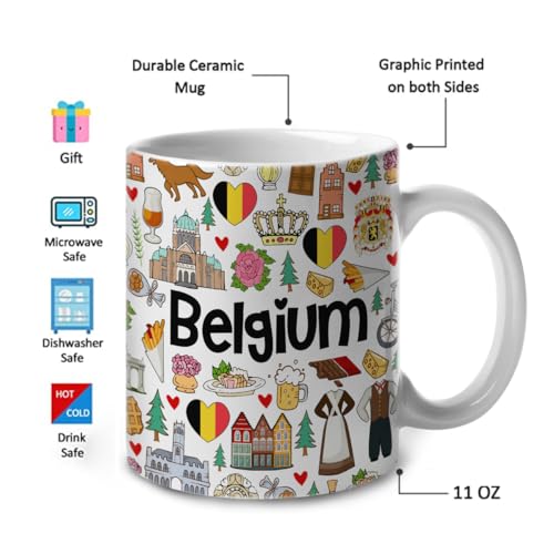 Lotacy Belgium Symbols Colorful Coffee Mug, Belgium Ceramic Mug 11 oz Coffee Mug, Belgium Souvenir and Gifts, Gift Idea for Belgian Men and Women