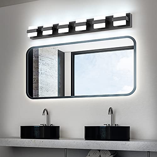Image of SOLFART 6 Lights Black Vanity Light LED Bathroom Modern Vanity Lights Over Mirror Black Bathroom Light Fixtures 41 inch White Light Dimmable