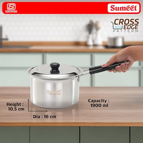 Image of Sumeet ISI Certified HeavyPly Premium Stainless Steel Cross Edge Induction & Gas Stove Friendly Saucepan /Milk Pan /Tea Maker with Lid - 1900ml