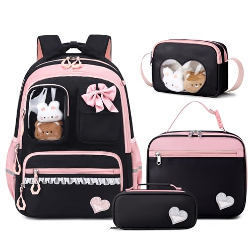 Amythe Schultasche Mädchen Rucksack Kinder, 4-teilig Schulrucksack-Set Atmungsaktiv für Mädchen, Lässiger Schulranzen mit Lunchpaket Mäppchen und Umhängetasche, Schwarz Rosa