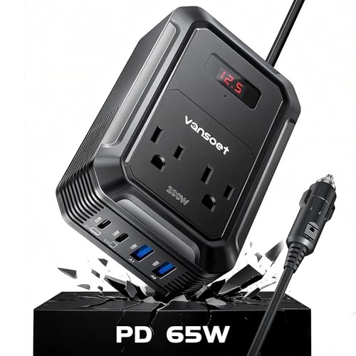 200W Car Power Inverter DC 12V to 110V AC Inverter with PD 65W/30W USB C & 2 QC 18W USB Ports & 2 AC Outlets,Car Pluɡ Adapter Outlet for Laptop/Phone/Road Trip