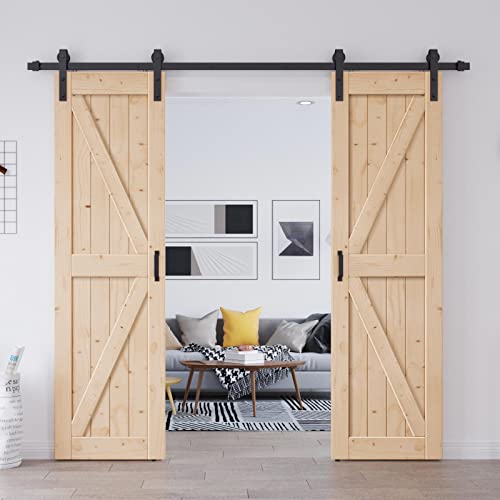 EaseLife 48in x 84in (Double 24in84in Door) Barn Door with 8FT Sliding Door Hardware & Handle Included DIY Assemblely Easy Install Apply to Interior Rooms & Storage Closet K-Frame