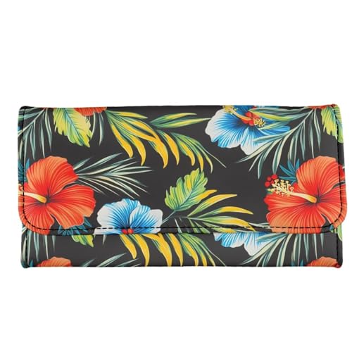 Image of AFPANQZ Leather Wallets for Women, Tropical Flowers RFID Blocking Checkbook Wallet with Cit Card Slots Phone Holder Zip Pocket, Buckle Closure, Ladies Purse
