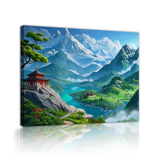 LAIZIHOME Japanese Snowy Mountain Lake Scenery Canvas Wall Art Asian