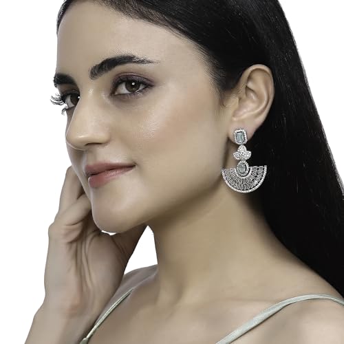 Leaf Shaped Drop Earrings with American Diamond in Rhodium Plating