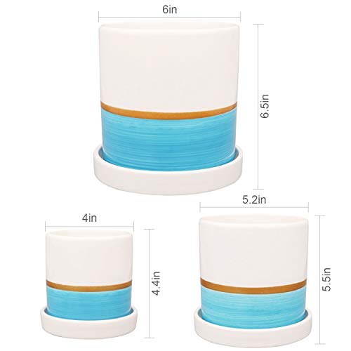 Ufrount Ceramic Planter Pot with Drainage Holes, Succulent Planter Pots Planting Pot Flower Pots for Mini Plant Perfect for Garden, Kitchen, Windowsill - Set of 3 (Blue)