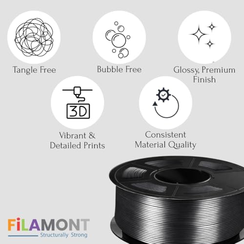 Image of FiLAMONT Shiny Silk PLA 1.75mm Filament - High-Gloss Silk-Like Finish, Low Shrinkage, Universal FDM 3D Printer Compatibility, 1kg (Silk Black)