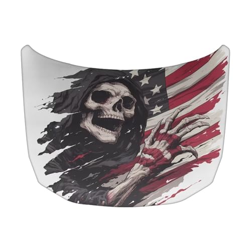 Image of American Flag Skull Design Car Hood Cover Stretchable Car Hood Wrap Blanket Waterproof Automotive Accessories for Compact Sedans SUV Trucks Minivan (59x39 Inch)