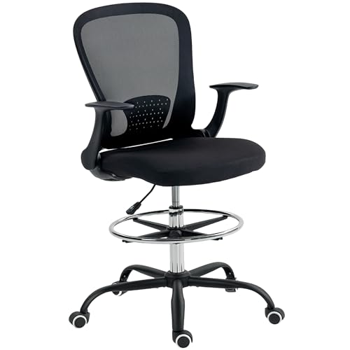 HOMCOM Chaise Bureau Ergonomique avec Repose-Pieds Ajustable et accoudoirs relevables, Chaise de Dessin à Dossier en Maille, Hauteur réglable, accoudoirs Hauts,...