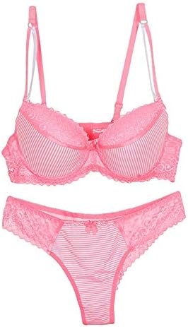 Swbreety Women Lace Stripes Bra and Panty Set Plus Size Underwire Everyday Bras Pink
