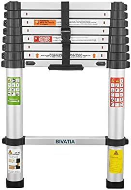 BIVATIA 8.5 Ft Smartsafe Aluminum Telescoping Ladder: Telescopic Extension Ladder Retraction Collapsible Ladder Portable Folding Lightweight Ladder Type 1A with 12 ft Max Reach