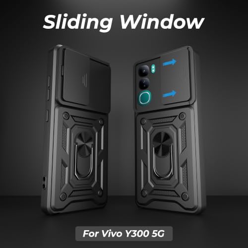 Image of A rtistque Armor Bumper Back Case Cover for Vivo Y300 5G | Ring Holder & Inbuilt Stand | Sliding Camera Cover | Shockproof Protective Design | Vivo Y300 Back Cover - Black