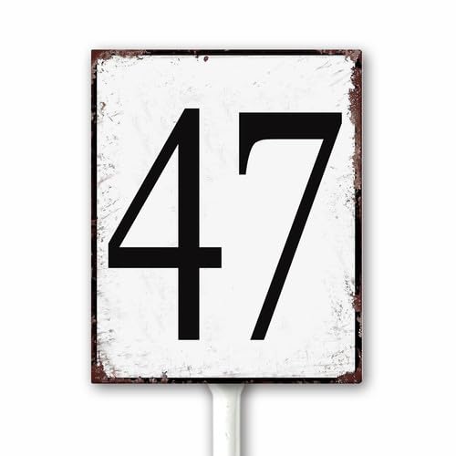 Aluminum Number Sign 47 Metal Numbered Yard Sign With Stake Outdoor for Tennis Court, Parking Lots, Floor, Dock, Court, Aisle, Field, Farm 18x22 CM High Visibility Rust Free (Retro White)