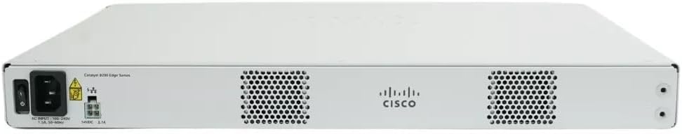 Bag view of the Cisco Catalyst 8200L Router C8200L-1N-4T, highlighting the AC power input and grounding screw.