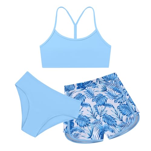 Image of Weixinbuy Girls 3 Piece Swimsuit Bathing Suits Solid Bikini Set with Printed Sports Shorts Swimwear for 9-16Y Teen Girls