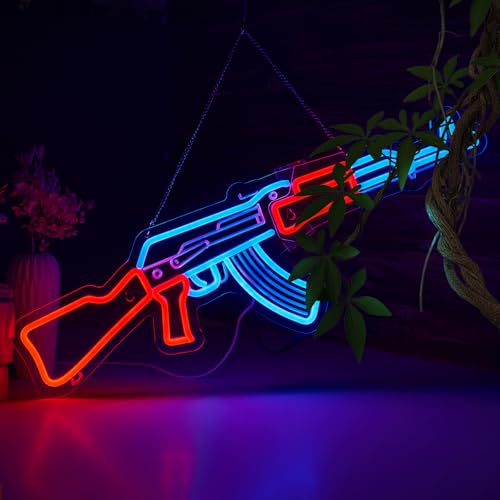 Gun Neon Sign AK 47 Sign for Wall Decor Large Size(26.5x8.7 Inch) Smart plug timer compatible USB Powered Man Cave Bedroom Decor